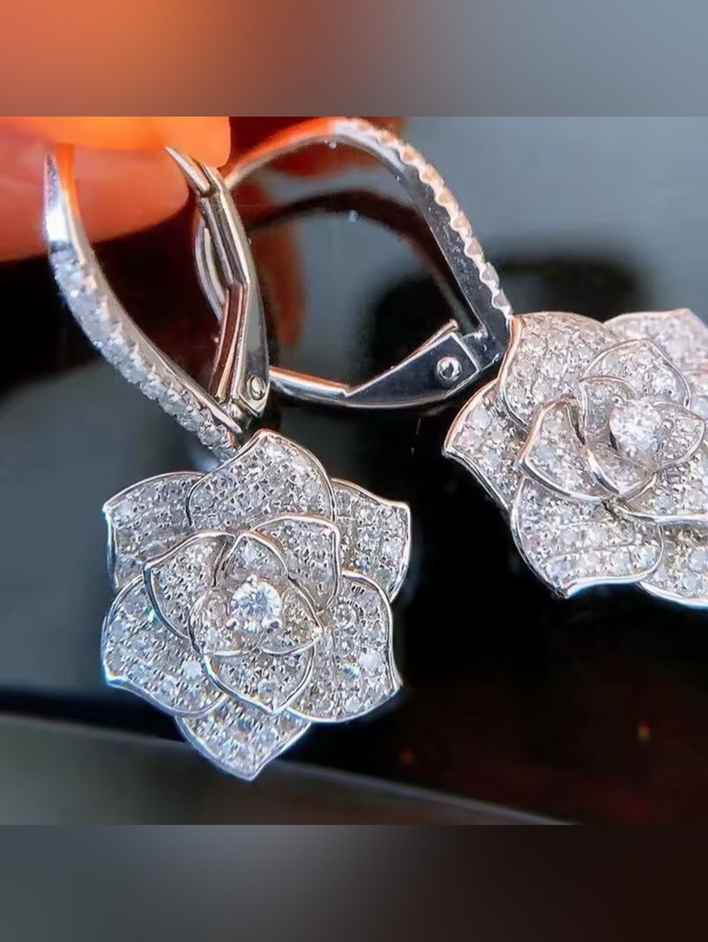 Silver Crystal Flower Drop Earrings | Pavé Hoop Dangle | Elegant Statement Jewel - Picture 4 of 8
